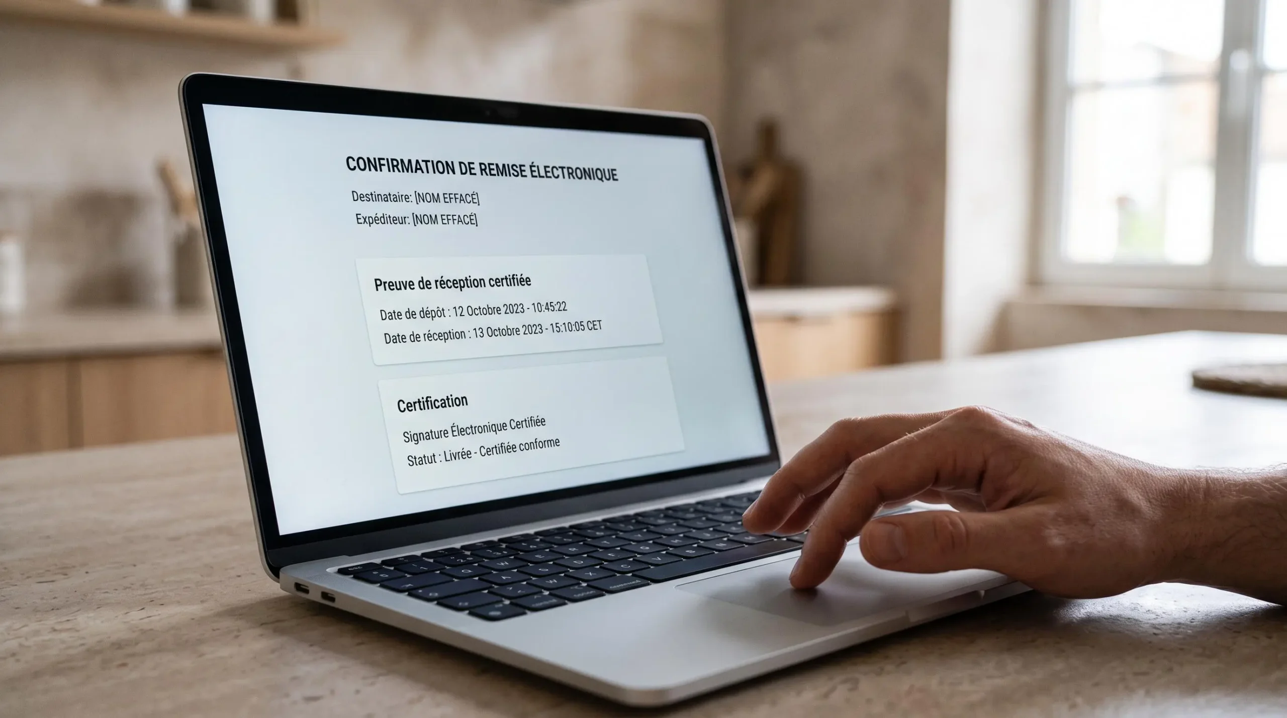 Gros plan sur écran d'ordinateur portable affichant l'accusé de réception certifié d'une lettre recommandée électronique avec horodatage