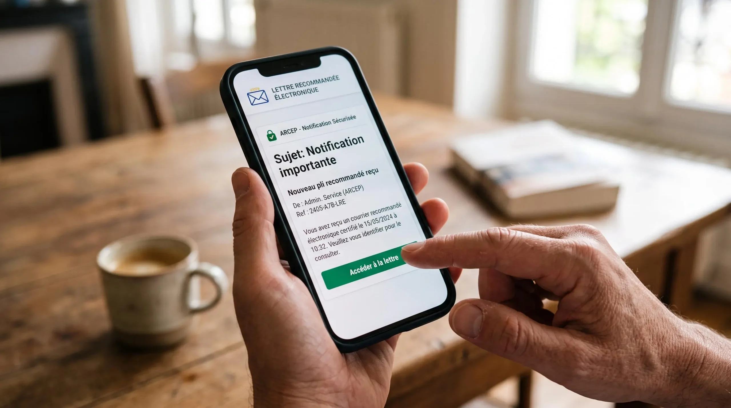 Gros plan sur des mains tenant un smartphone affichant une notification de lettre recommandée électronique avec interface en français